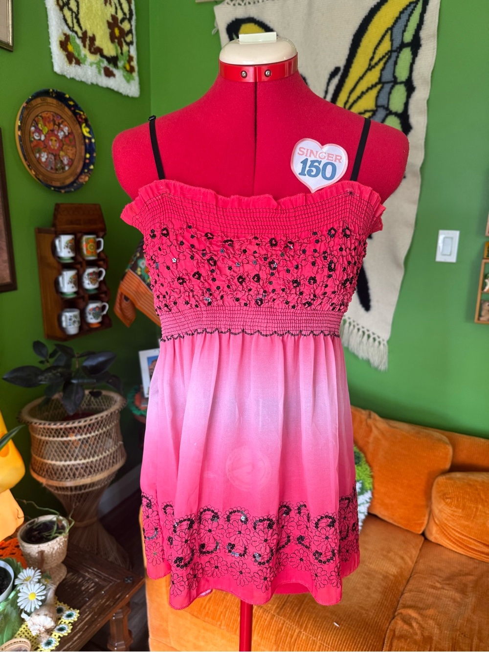 Pink Ombre Smocked Tank Top with Black Floral Embroidery
